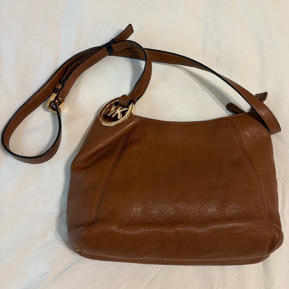 Michael Kors Brown Leather Crossbody Bag with Gold MK Medallion - Picture 1 of 9